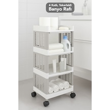 4 Katlı Tekerlekli Banyo Rafı - Havluluk Deterjanlık Makyaj Organizer Düzenleyici Raf Ünitesi Gri Gri