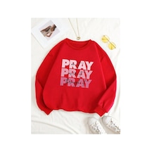 Magors Stıl-x Sevgililer Gününe Özel Pray Baskılı Oversıze Bisiklet Yaka Sweatshırt Kırmızı