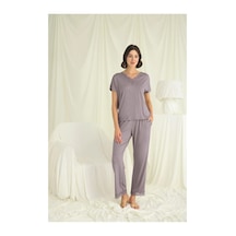 Litae Herşeytrend Kısa Kollu V Yakalı Dantelli Pijama Takımı Gri