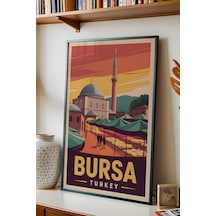 Bursa Tablo - Retro Travel Poster - Türkiye Şehir Serisi Duvar Dekoru - Çerçeve Şehir İllüstrasyonu Siyah