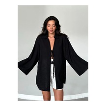 Laluvia Siyah %100 Keten Bağcık Detaylı Kimono Bluz Siyah