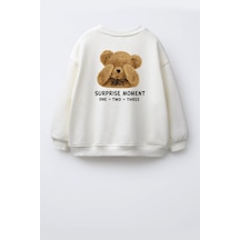 Monila Unisex Çocuk 3 İplik Kumaş Pamuklu Sırtı Ayıcık Baskılı Sweatshirt Ekru