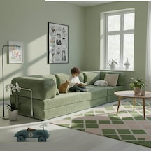 Herev 300x100 Sünger Köşe Koltuk Takımı / Yatak Olur Kanepe / Yıkanabilir Fitilli Kadife Kumaşlı Şark Köşe Yeşil