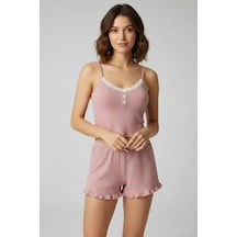 İkikareshop Kadın Pudra Dantel Detaylı Şortlu Gecelik Pijama Takımı Şık Rahat 2 Li Set Çok Renkli
