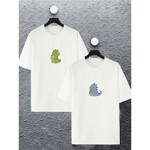 Unisex Kadın Erkek Dinozor Sevgili Baskılı Sevgili Çift Kombini Tasarım Oversize Tshirt 2'li Beyaz Mck2490 Beyaz