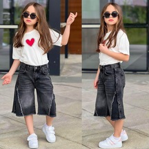 Ay Kids Kız Çocuk Kalp Baskılı Oversize Tişört & Bol Paça Jean Kapri Kombin Takım 2689s Siyah