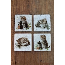 Doğal Taş Bardak Altlığı Sevimli Kediler Temalı 10x10cm- Stone Coasters Çok Renkli