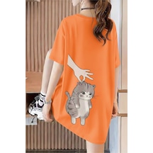 Hand And Cat Kadın Oversize Basic Bisiklet Yaka Pamuklu T-shirt Rahat Kesim Unisex Turuncu