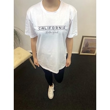 Kadın Bisiklet Yaka Oversize Fit Californıa Baskılı Tişort Spr24tsk304 Beyaz