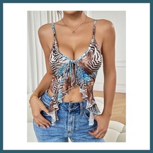 Bezos Kadın Siyah Leopar Desenli Crop Askılı Önden Bağlama Fırfır Detaylı 5091 Beden: S/m Renk: Siyah Ob