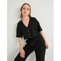 Koton Crop Gömlek Kısa Kollu Düğmeli V Yaka Siyah 4sak60156pw Siyah