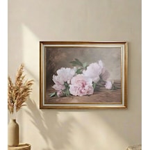 Gold Çerçeveli Vintage Natürmort Dekoratif Tablo - Pembe Çiçekler - 80x60 Cm