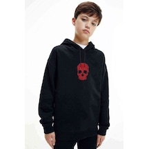 Tshirthane Black Aesthetic Glitch Skull Baskılı Unisex Çocuk Kapüşonlu Sweat Siyah