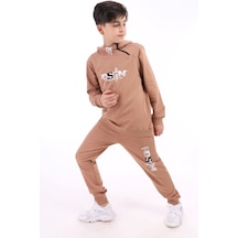 Toontoy Kids Toontoy Erkek Çocuk 2'li Takım Baskılı Kapüşonlu Fermuarlı Sweatshirt & Beli Paçası Lastikli Cepli Jogger Eşofman Altı - 2 İplik Kahverengi