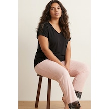 Siyah İnci Desenli Büyük Beden Battal Boy Viskon Örme Pijama Takım 26120994 Siyah
