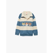 Koton Uzun Kollu Hayvanlar Baskılı Polo Yaka Sweatshirt Ekru Çizgili 6wmb10169tk Ekru Çizgili