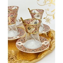 Altın Bordo Desen Işlemeli 6 Kişilik Cam Porselen Çay Seti Tea Set For 6 Persons Premium Porcelain Diğer