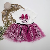 1-2-3 Yaş Fiyonklu Mickey Astarlı Etekli Kız Bebek Tütü Elbisesi Fuşya-ekru 001