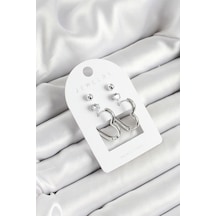 Pirinç Zirkon Taş Ve Kalp Figürlü Gümüş Renk 3'lü Çift Kadın Küpe Set - Tj-bkp10644 Altın