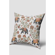 Beyaz Lacivert Etnik Fil Figürlü Kırlent Kılıfı Beyaz