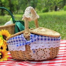 Cbtx El Dokuması Hasır Piknik Sepeti Kapağı Tasarımı Yumurta, Şeker, Çiçek İçin Pamuk+keten Kumaş Astar Battaniyesi, Boyut: L - Mavi Izgara