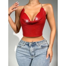 Parlak Kırmızı Crop & Bluz Kolsuz Kayık Yaka Zırh Büstiyer Asorti