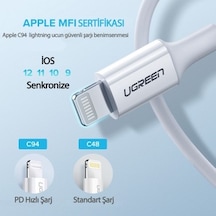 Ugreen Usb-c - Lightning 3a Pd Mfi Sertifikalı Hızlı Şarj Kablosu, 1 M, Beyaz,