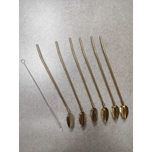 6'lı Paslanmaz Krom Pipetli Kokteyl Bar Kaşığı Ve Temizleme Fırçası, Pipetli Latte Kaşığı 22 Cm - Altınsarı