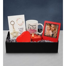 Anneler Gününe Özel Tasarım Kupa & Kalp Mum & Kişiye Özel Fotoğraf Çerçevesi & Yıldız Anahtarlık Hediye Seti