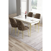 Canisa Tia Serisi 80x132 Açılabilir Mdf Mutfak Masası Takımı Beyaz Masa Gold Detay 4 Kahverengi Sandalye Masa Beyaz Sandalye Kahve