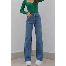 Orta Mavi Likralı Süper Yüksek Bel Salaş Jeans Palazzo Pantolon Orta Mavi