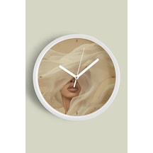 Modern Sanat Tarzı Kadın Duvar Saati - 35cm - Önü Camlı Beyaz Kasa - Sessiz Mekanizma Beyaz