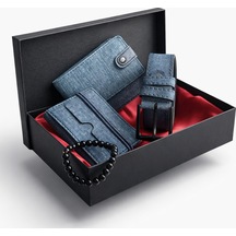 Tisaati Premium Özel Seri Lüks Şık Tasarım Yatay Kot Patlı Cüzdan Kartlık Bileklik Ve Kemer Hediye Seti Lacivert