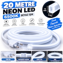 Tak Çalıltır Ultra Esnek Güçlü Aydınlatma Noas Yl42-0001 20 Metre 6500k Montaj Aparatı Dahil Beyaz Neon Led 220v Tak Çalıştır Ip65 Esnek Hortum Led 8x16 Mm Iç Dış Mekan 120 Led Beyaz-6500K