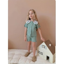 Nakışlı Bebe Yaka Kız Çocuk Takım Turkuaz