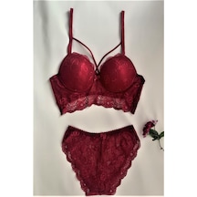 Kadın Dantelli Destekli Desenli Bralet Sütyen Takım Bordo