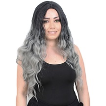 Su Dalgası Uzun Perçemsiz Fiber Sentetik Peruk / Siyah / Gri Ombreli - Rxlu-462085 Renkli