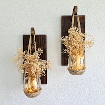 Duvar Dekoru, Led Işıklı, Beyaz Cipso Çiçekli Aplik, Ceviz Ikili