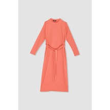 Defacto Regular Fit Bisiklet Yaka Bağlamalı Uzun Kollu Maxi Elbise D9063ax25spog350 Turuncu