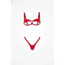 İkikareshop Kırmızı Harness Takım Parlak Deri Açık Kap Sütyen Tanga Set - Brf1382 Çok Renkli