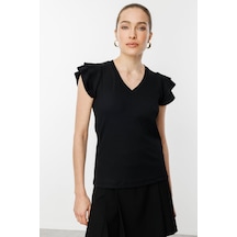 On Kadın Minimalist V Yaka Kısa Kol Bluz - Regular Fit Siyah