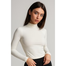 Rich Kadın Ekru Yarım Balıkçı Yaka Uzun Kollu Crop Bluz Ekru