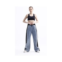 Polopass 025 Kadın Bol Paça Yan Şerit Penye Kot Denim Pantolon Siyah