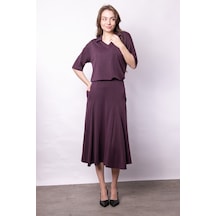 Kadın Yumşak Dokulu Esnek Kumaş V Yaka Yakalı Düşük Omuzlu Dirsek Boy Kollu Oversize Bluz-bordo Bordo