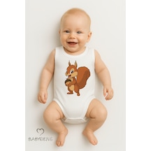 Babyden's %100 Pamuklu Hayvan Figürlü Kolsuz Çıtçıtlı Bebek Body Yazlık Unisex Zıbın Sincap Beyaz
