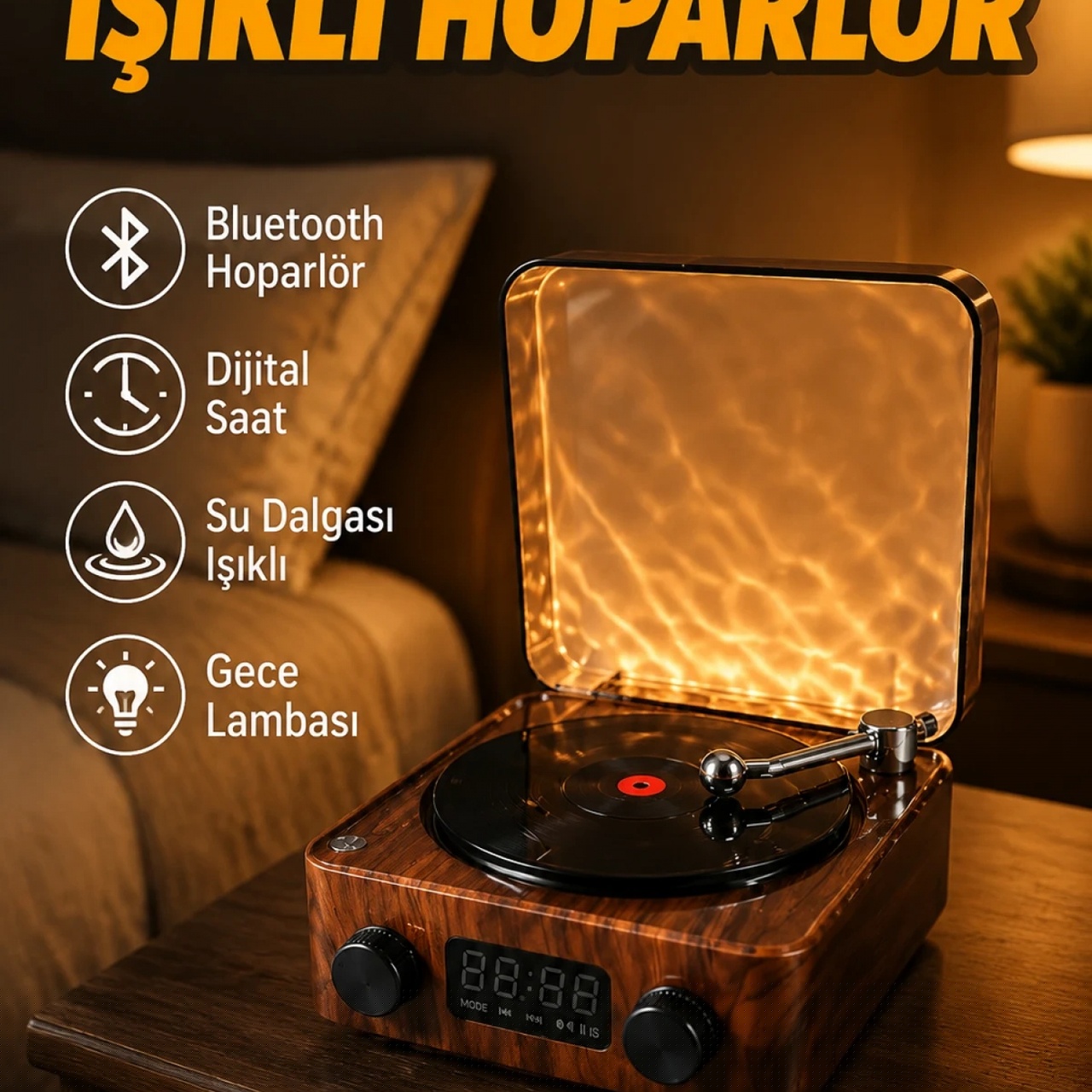 Su Dalgası Işıklı Bluetooth Hoparlörlü Dijital Saat Gece Lambası Çok Fonksiyonlu