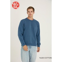 Kly Unisex Relax Fit Rahat Kesim %100 Pamuklu Yumuşak Dokulu Şardonsuz Bisiklet Yaka Sweatshirt İndigo