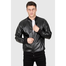 Rizzup Siyah Dikiş Detaylı Kolej Yaka Slim Fit Likralı Erkek Suni Deri Ceket Mont 23020587