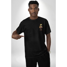Spor Eşofman Takımı Sarı Kedi İnsan Siyah Oversize Unisex Ön Sol Yan Minimal Baskılı Tişört Koyu Siyah