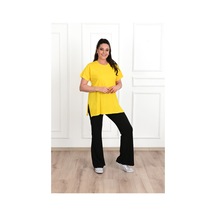Kadın Bisiklet Yaka Yırtmaç Detaylı Büyük Beden Tshirt 9633-22 001